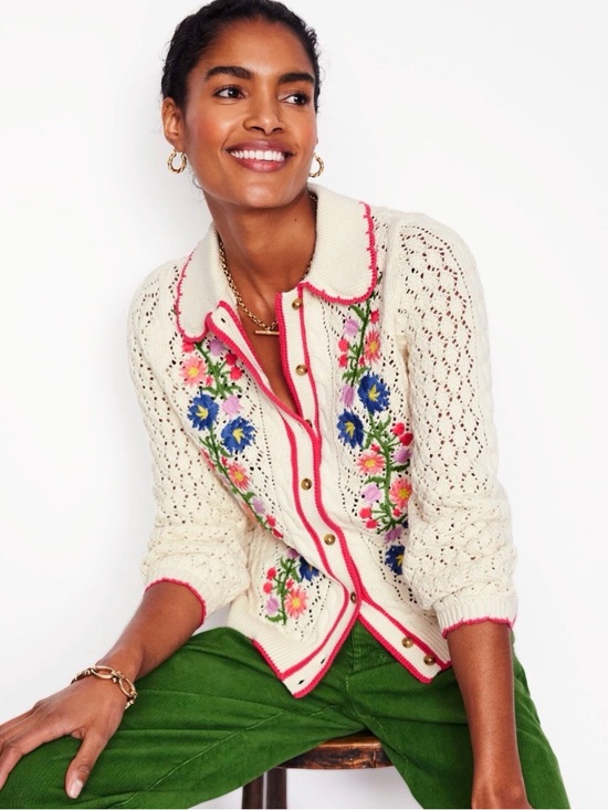 Boden Sweaters - NWOT Boden Cream Openwork Floral-Embroidered Cardigan with Pink Trim